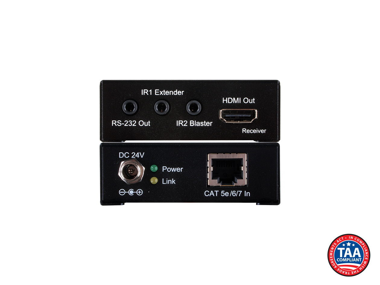 UHD 115 ft (35M) / HDMI 1080p 196 ft (60M) over CAT5e/6/7  24V Receiver w/ 2-Way IR or PoC
