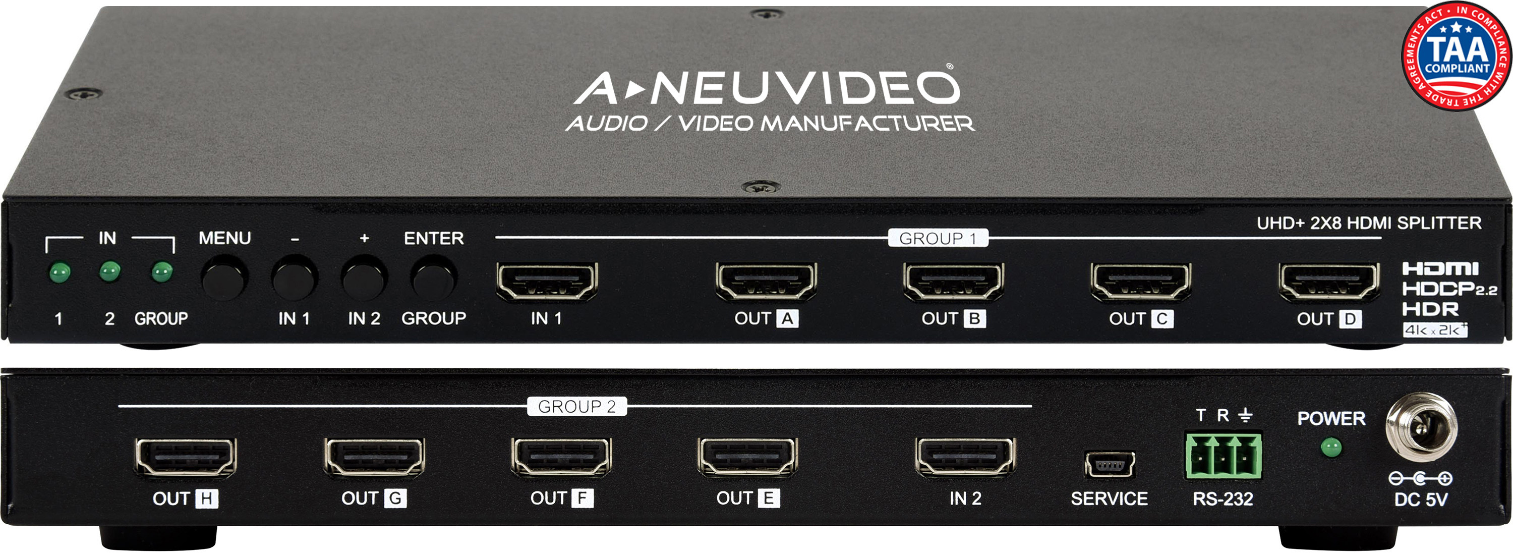2x8 (or 2:1x4) UHD 4K@60Hz HDR 18G Splitter Individual Output Scaler A-NeuVideo,