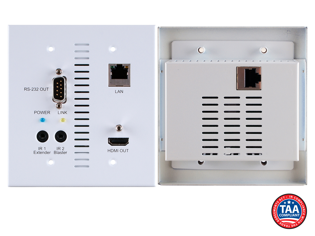UHD 230 ft (70M)  HDMI 1080p 328 ft (100M)  CAT5e/6/7 Receiver Wall-Plate w/ 2-Way IR & PoC Only